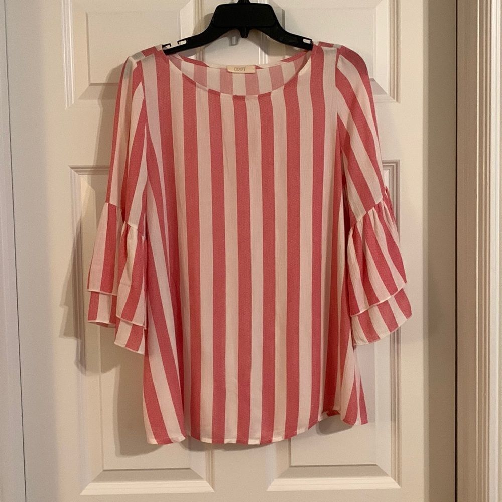 ODDY Size Small pink and white strap top with 2tier ruffle/bell sleeves.